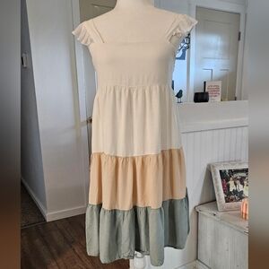 Lightly Worn - OVER THE MOON - White/Tan/Teal Layered Dress - Size Small